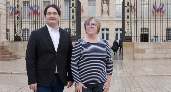 Florence Gauche and Arnaud Guvenatam, leaders of La France Insoumise in Dijon